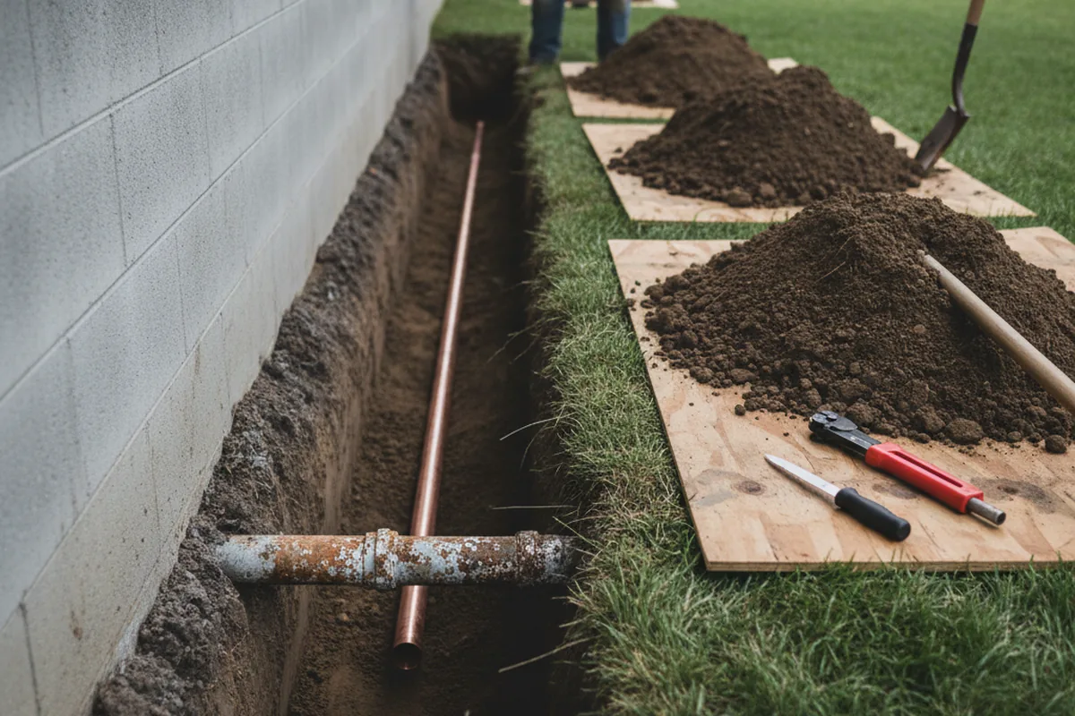 Excavated water line trench during Water Softener Installation in Cassandra